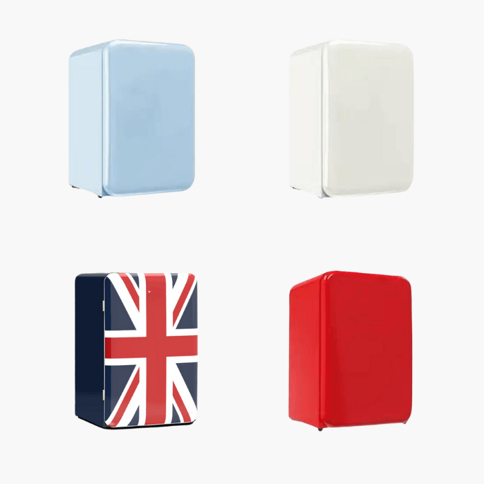 A side-by-side comparison of a white, black, and stainless steel refrigerator.