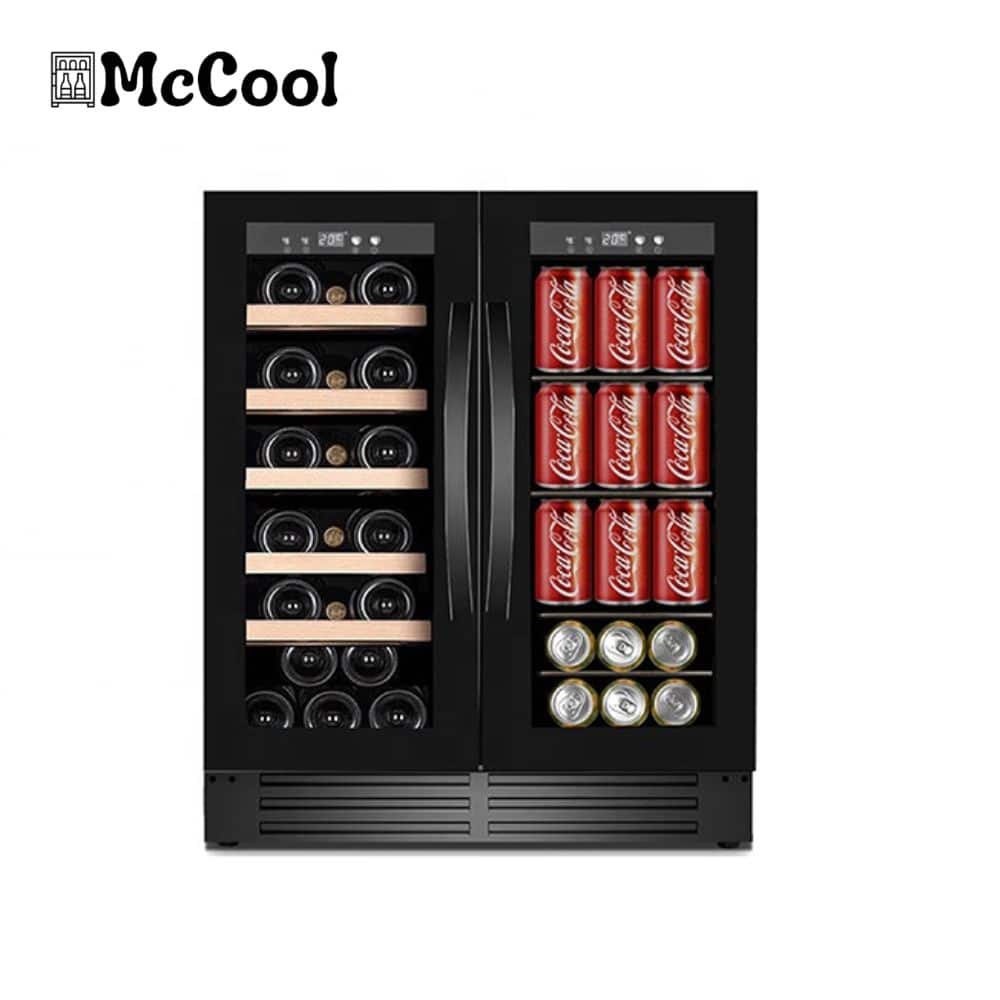 A wine cooler and a beverage cooler side-by-side