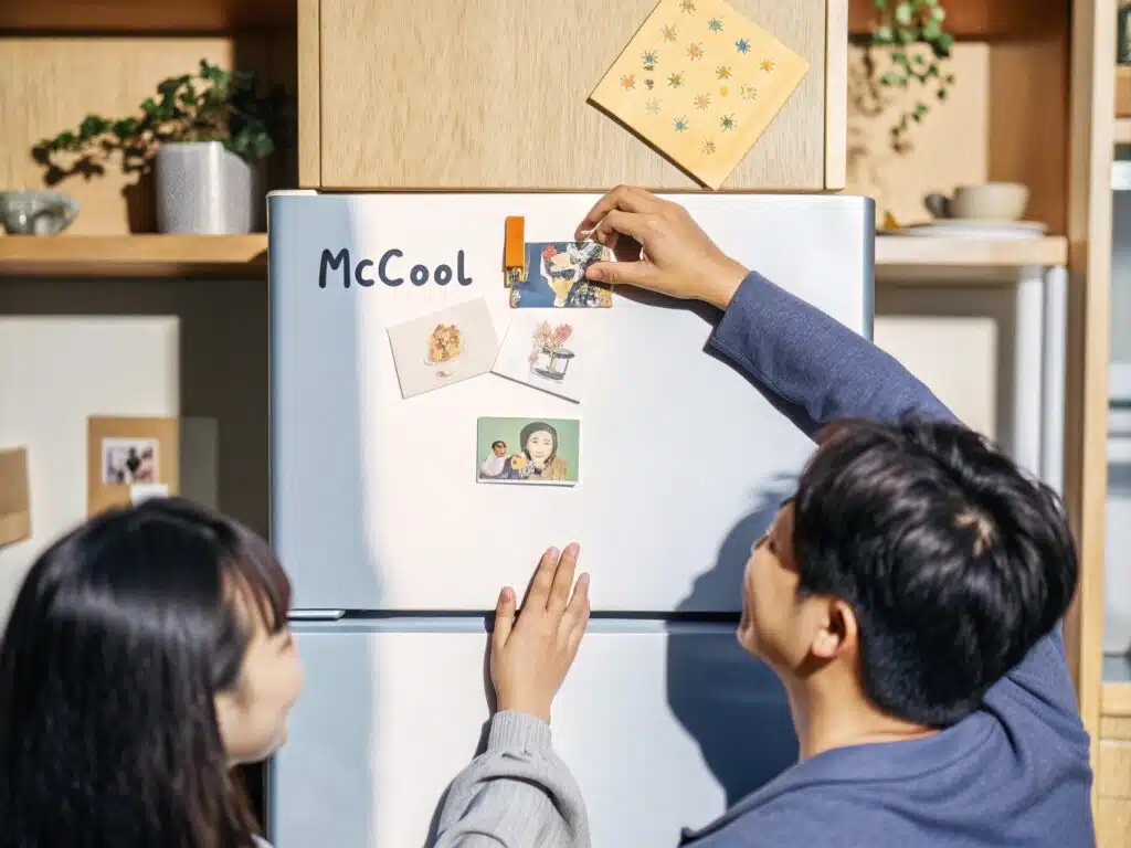 young couple placing the sticker on their fridge