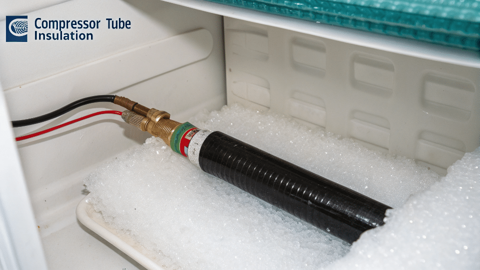 Close-up of the foam insulation around a refrigerator's compressor tube