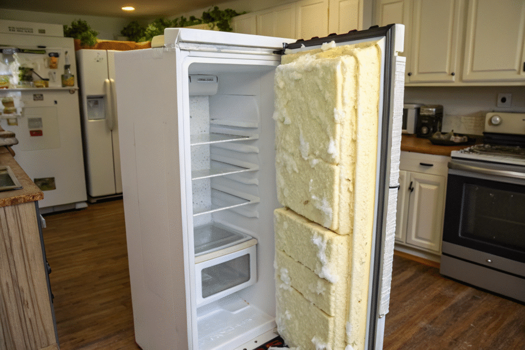 A cross-section view of refrigerator wall showing thick insulation foam