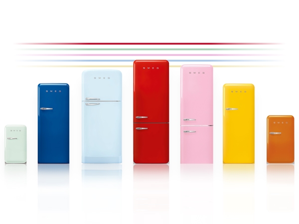 A colorful retro-style SMEG refrigerator in a modern kitchen