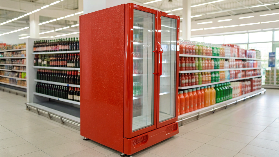 A bright red Coca-Cola fridge in a retail store