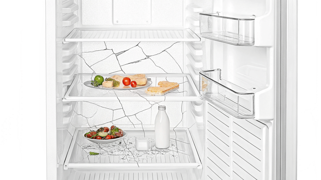 A broken refrigerator shelf with food items precariously balanced on it