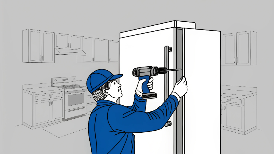 A person using a screwdriver to adjust the top hinge of a refrigerator door.