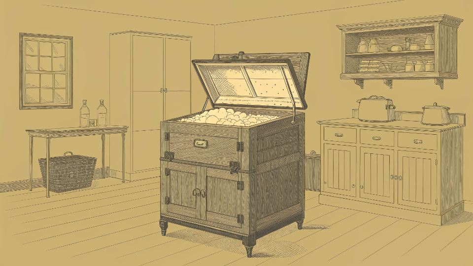 An antique oak ice box in a vintage kitchen