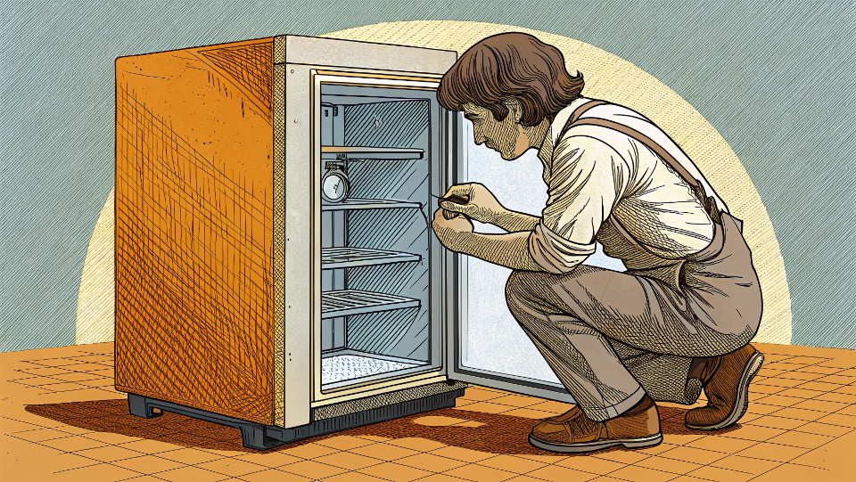 Someone checking the technical specifications on the back of a mini fridge
