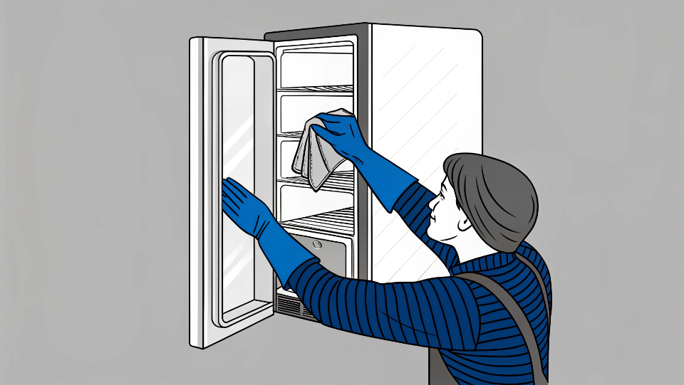 Close-up of a person cleaning a refrigerator door gasket with a cloth.