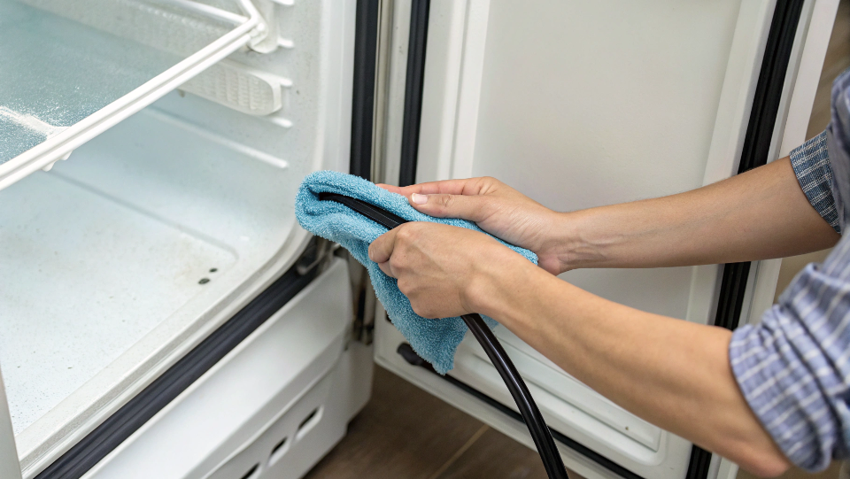 Close-up of a person cleaning a refrigerator door gasket with a cloth.
