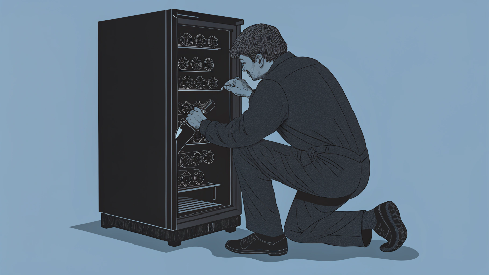A technician inspecting the back of a malfunctioning wine cooler
