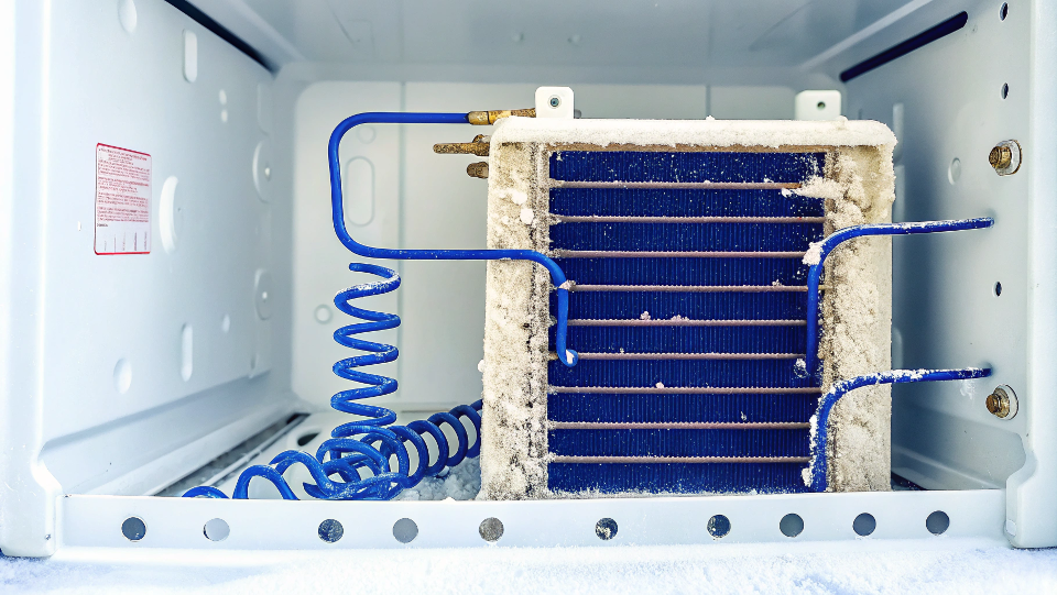Dirty condenser coils on the back of a refrigerator