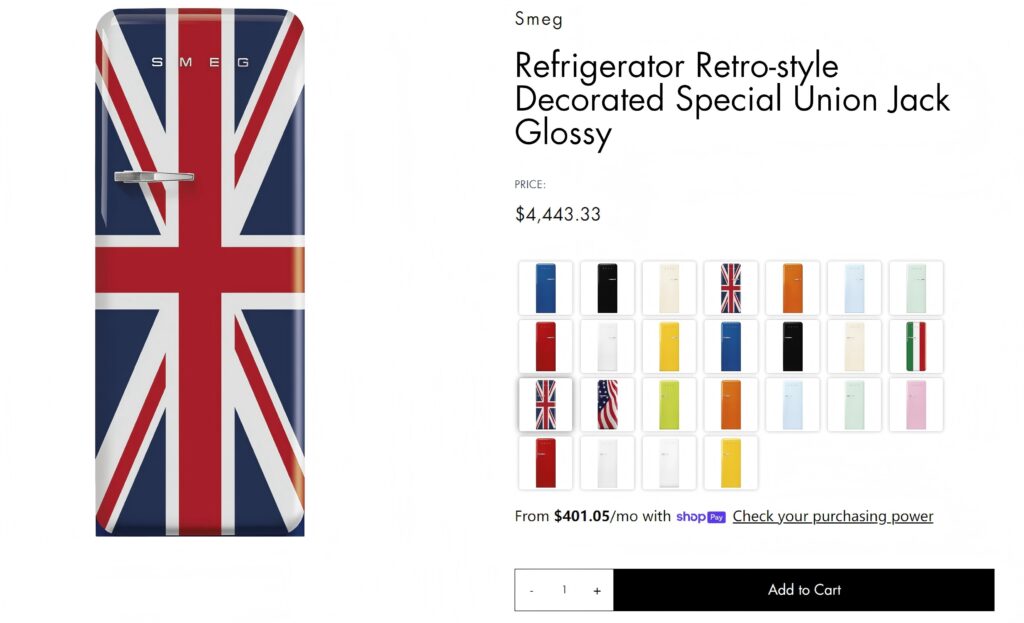 A price tag hanging from the handle of a colorful retro refrigerator