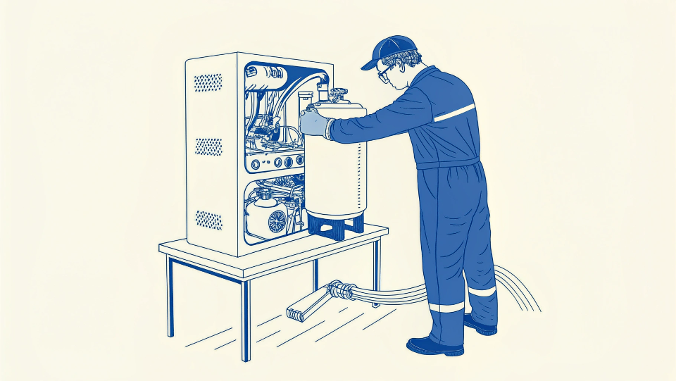 A refrigerator compressor unit being inspected by a technician