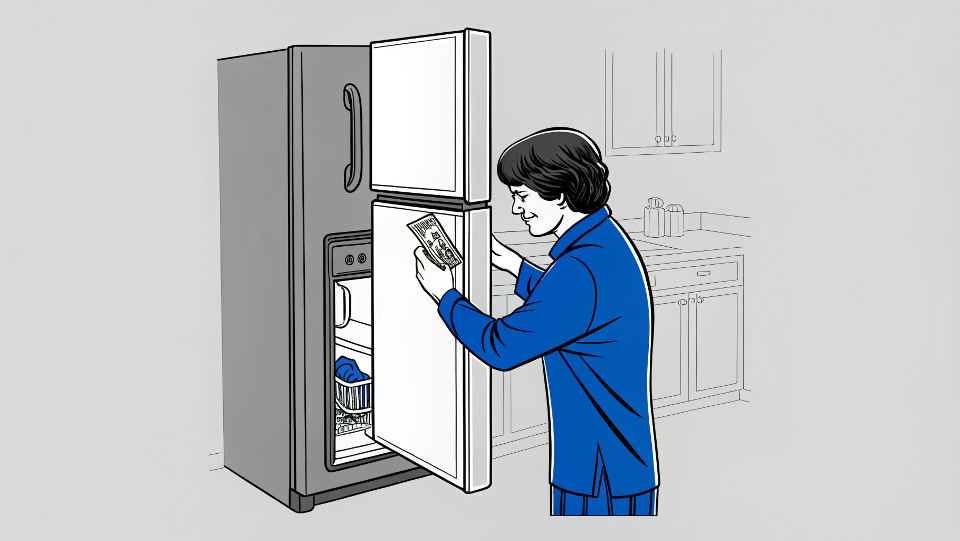 A person checking a refrigerator door seal with a dollar bill.