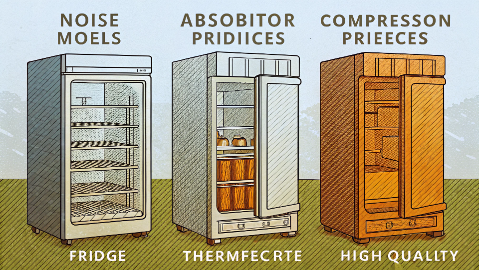 A chart comparing decibel levels of different fridge types to common sounds