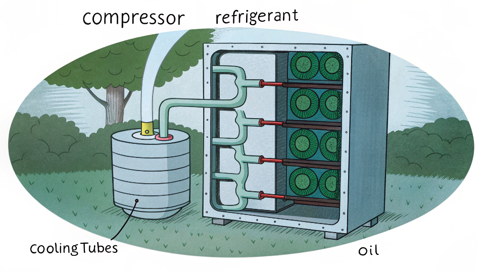 Diagram of a fridge's compressor and cooling tubes