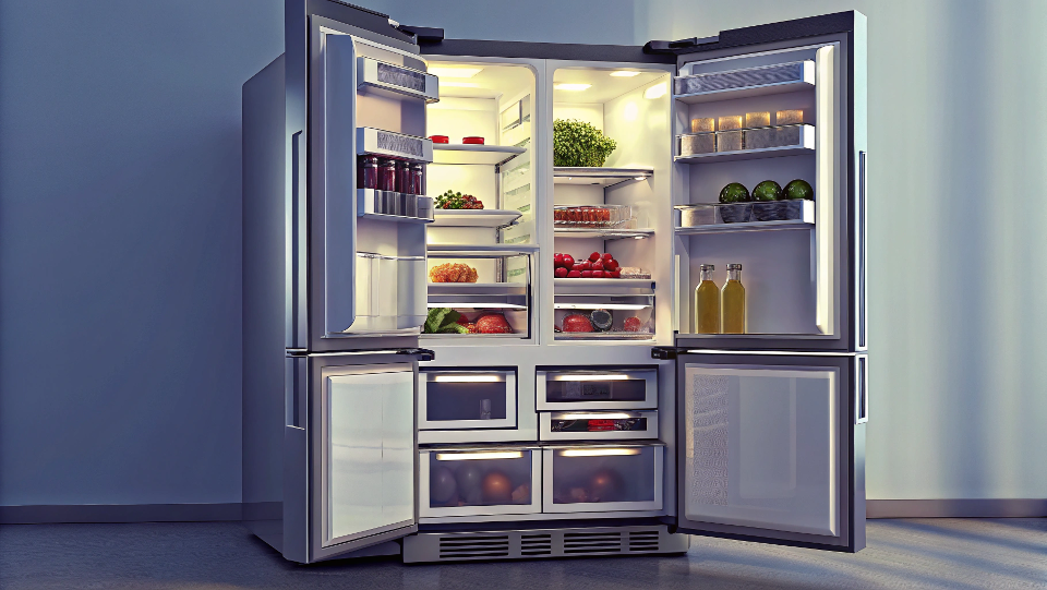 A modern refrigerator with an eco-friendly label