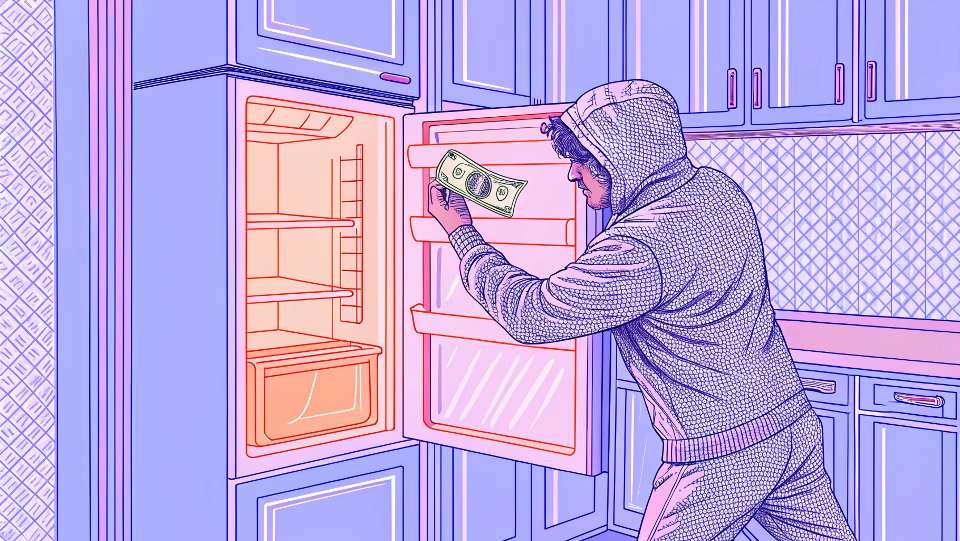 A person performing the dollar bill test on a refrigerator door.