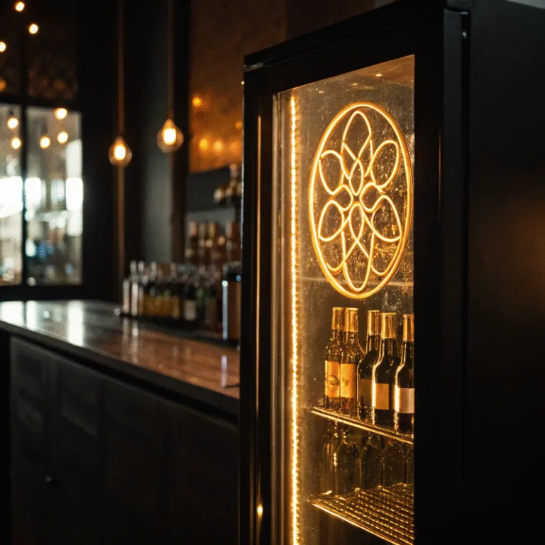 An eye-catching illuminated 3D logo engraved into the glass door of a commercial refrigerator, glowing brightly.