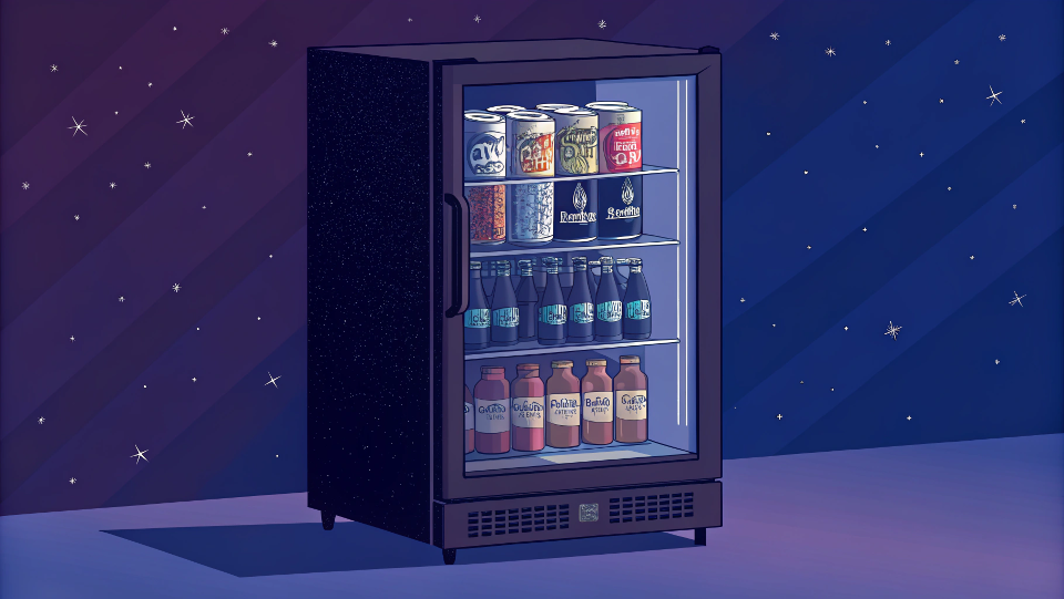 A glass-door beverage cooler filled with cans and bottles
