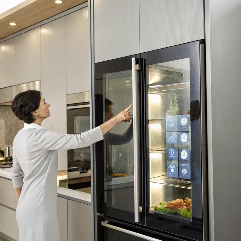 A user's hand interacting with a high-definition interactive touchscreen on the front of a smart refrigerator.