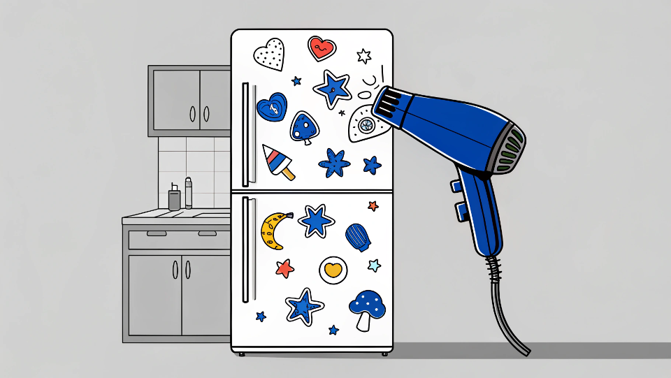 Using a hairdryer to warm a sticker on a fridge door