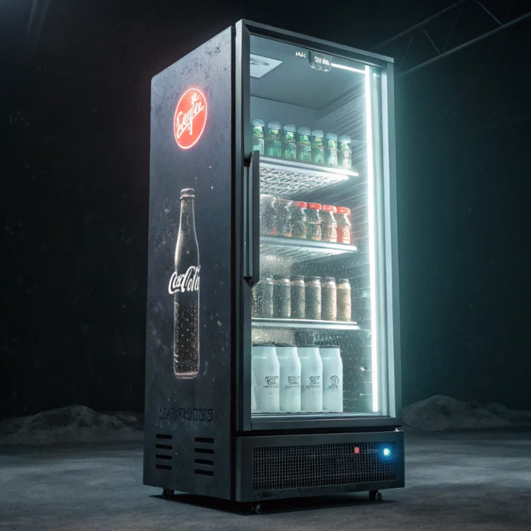 High-tech a see-through LCD screen, displaying a glowing logo over the cold drinks within.