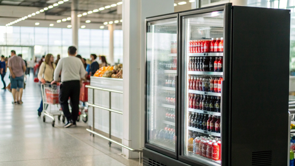A well-stocked and brightly lit Coca-Cola fridge near a checkout counter
