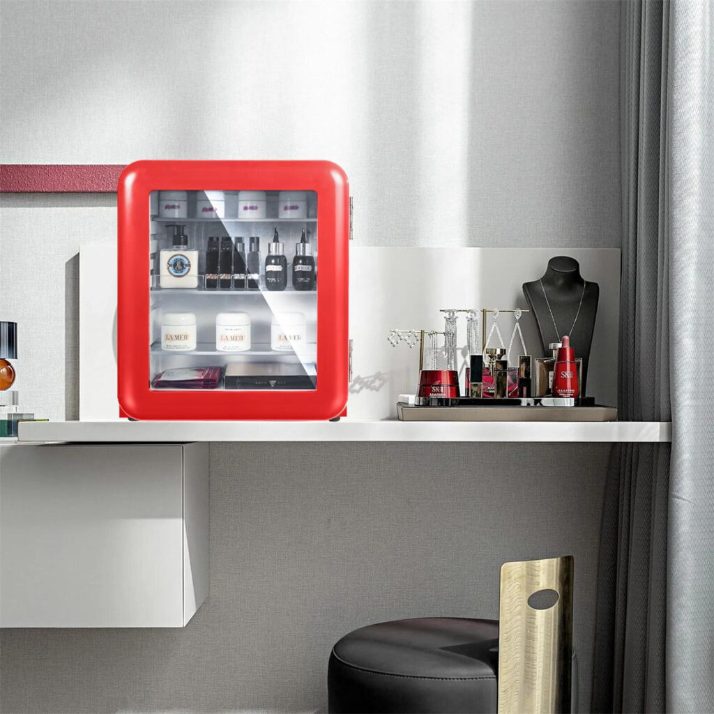 A versatile mini fridge being used for skincare products