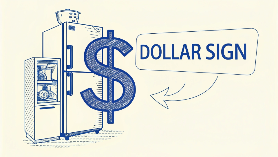 A dollar sign symbol superimposed over a refrigerator compressor