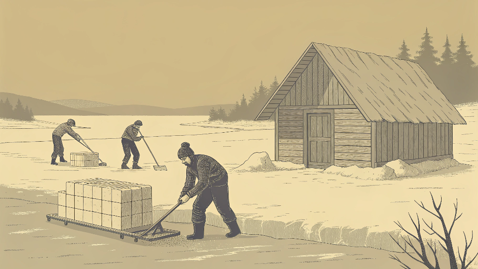 An illustration of workers harvesting ice from a frozen lake for an ice house
