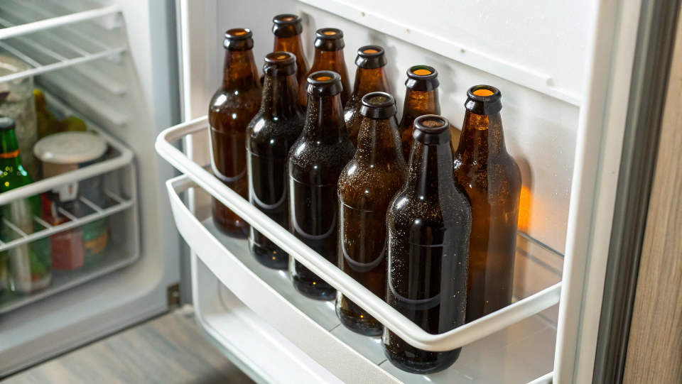 A refrigerator door shelf overloaded with heavy glass bottles.
