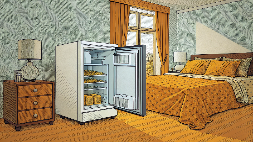 A quiet modern mini fridge in a bedroom setting