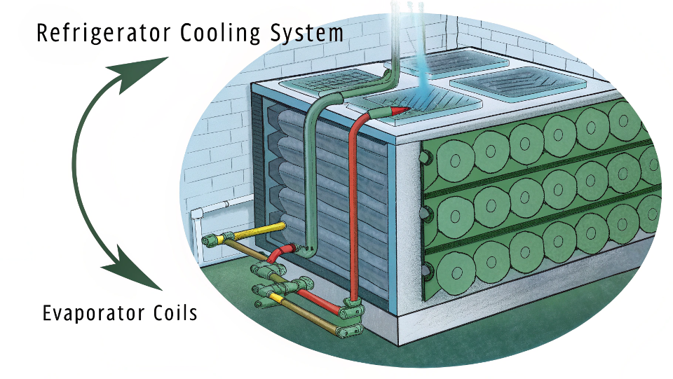 Refrigerator cooling system diagram showing refrigerant flow