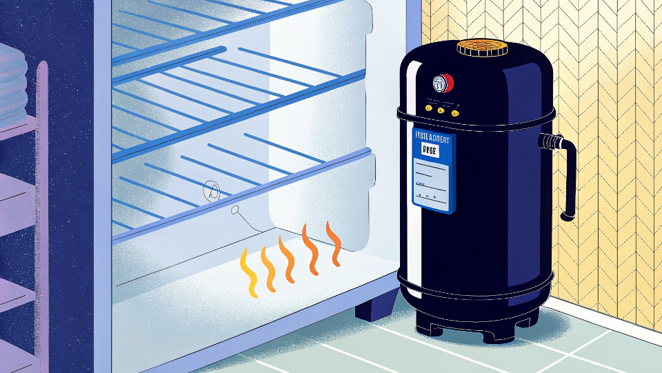 A close-up of a refrigerator compressor that is slightly hot to the touch