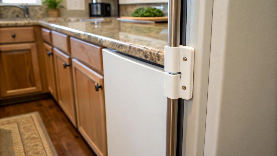 A small, discreet hinge pin door stopper installed on a refrigerator.