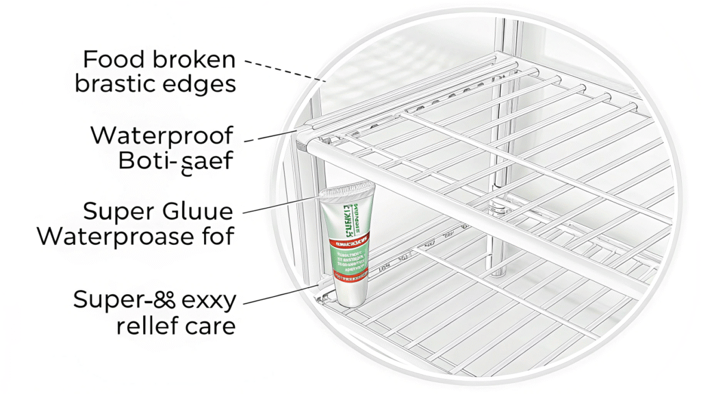 A close-up of hands carefully applying food-safe glue to the edge of a broken plastic shelf.