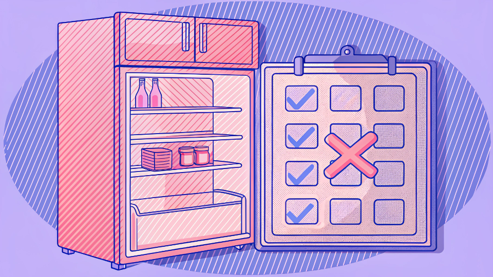 A calendar with a refrigerator icon, crossed out, next to a checklist with a checkmark.