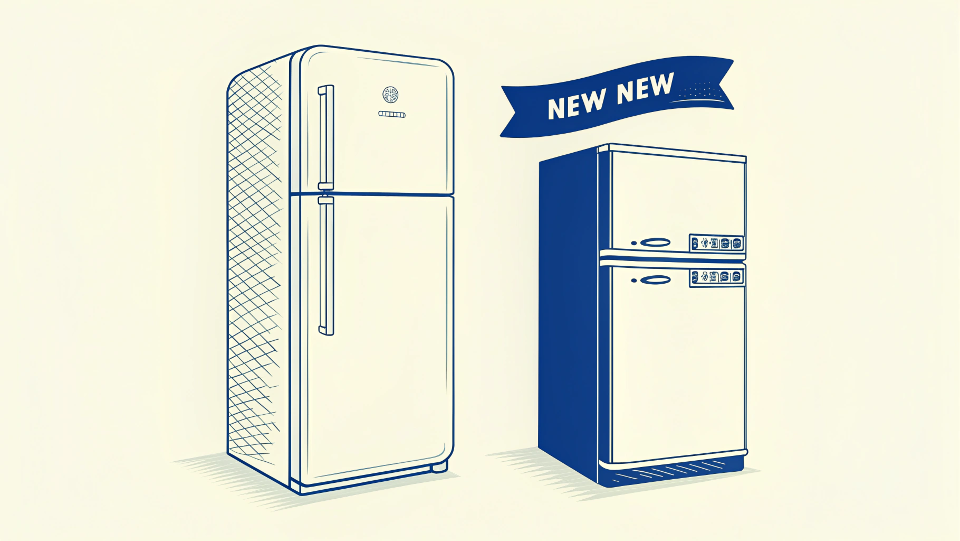 A brand new retro refrigerator next to an old one, showing a comparison