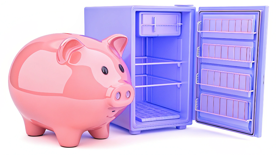A piggy bank next to a new refrigerator door gasket, showing it's a smart investment.