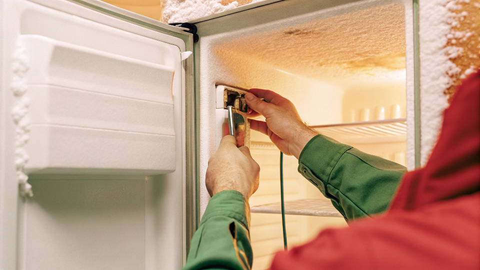 technician inspecting the defrost timer on a refrigerator