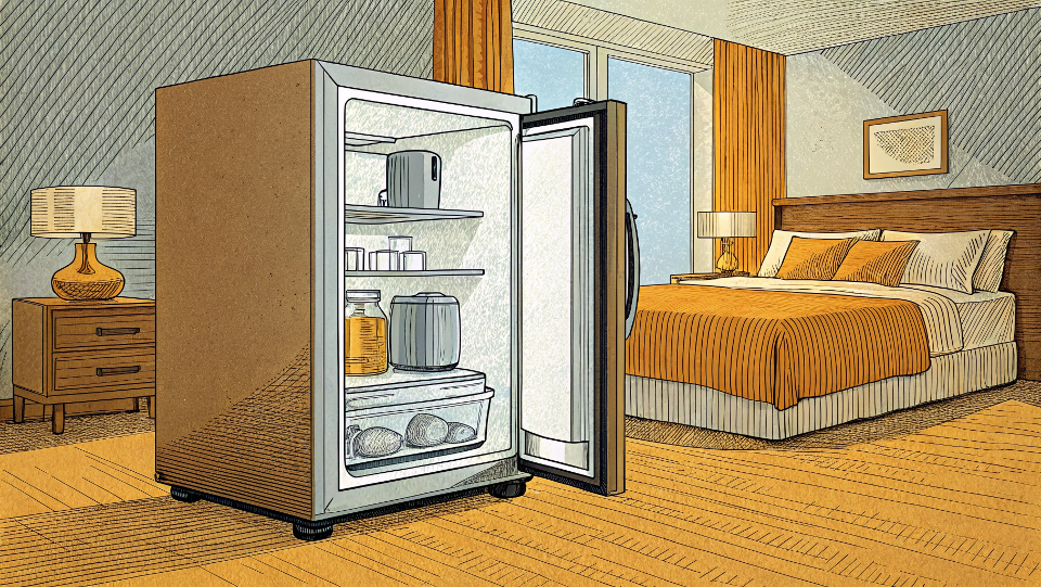 An absorption mini fridge used in a quiet hotel room