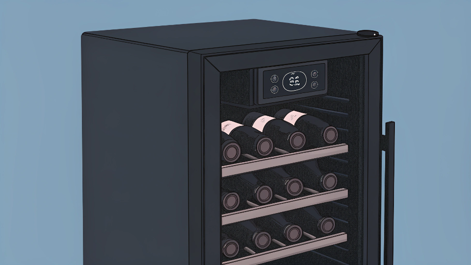 A close-up shot of a wine cooler's digital temperature display showing a stable temperature