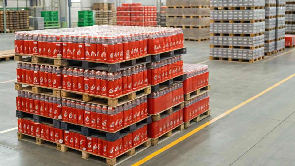 Pallets of Coca-Cola products in a warehouse