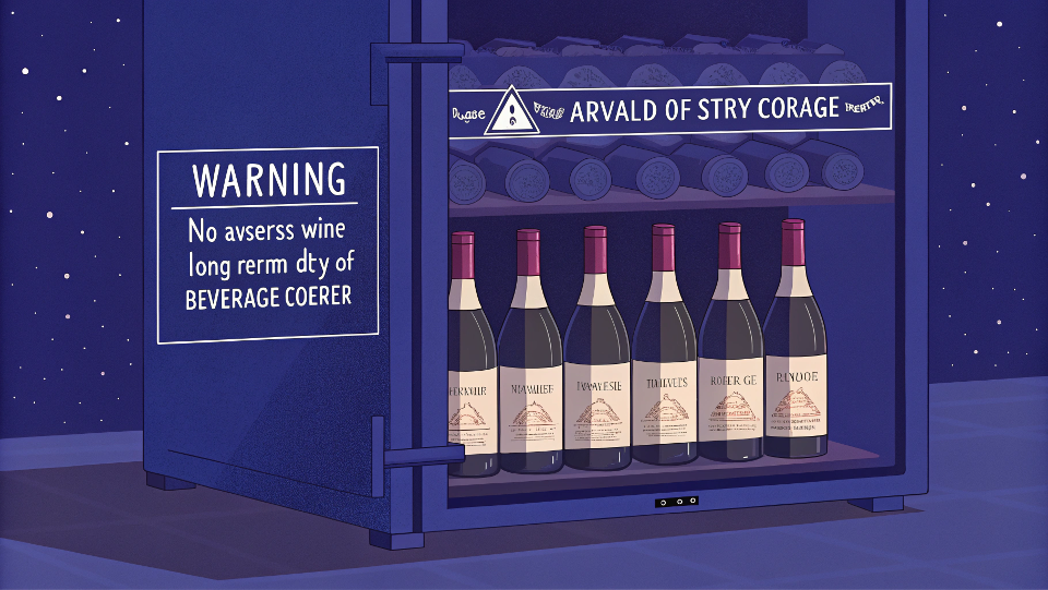 Wine bottles stored inside a beverage cooler with a warning sign