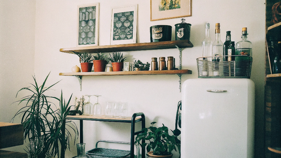 Area around a retro fridge styled with shelves, plants, and vintage decor