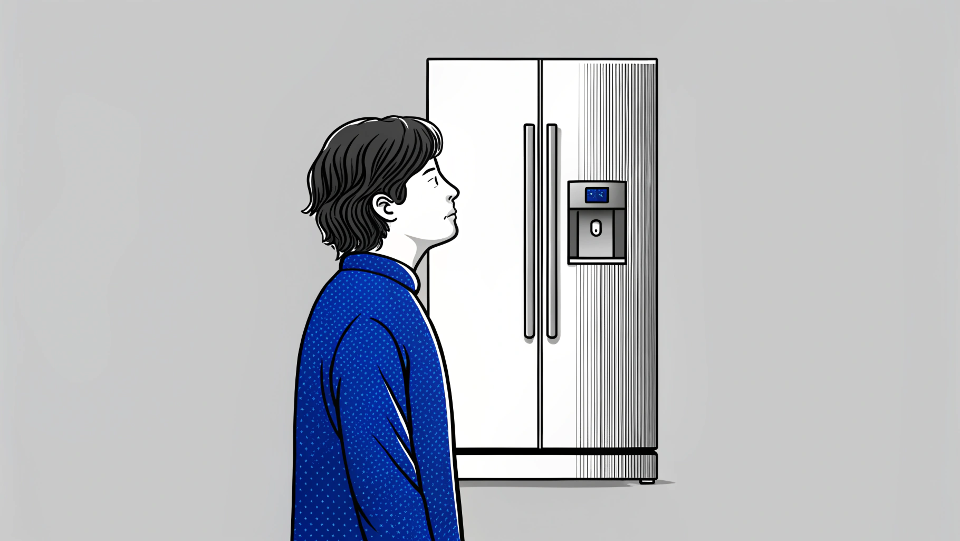 A person listening closely to their refrigerator with a concerned expression.