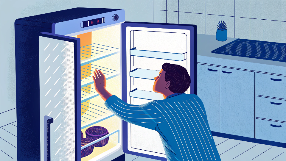 A person touching the warm side panel of a modern retro refrigerator