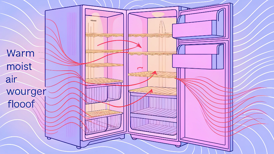An infographic showing warm air entering a fridge through a bad seal, causing the compressor to overwork.