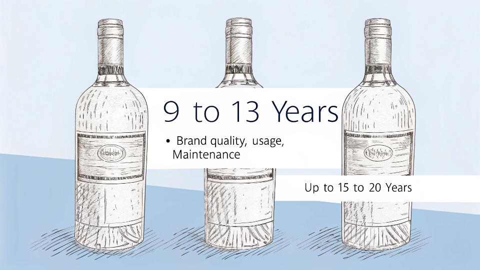 A timeline graphic showing the average lifespan of a wine cooler from 9 to 13 years